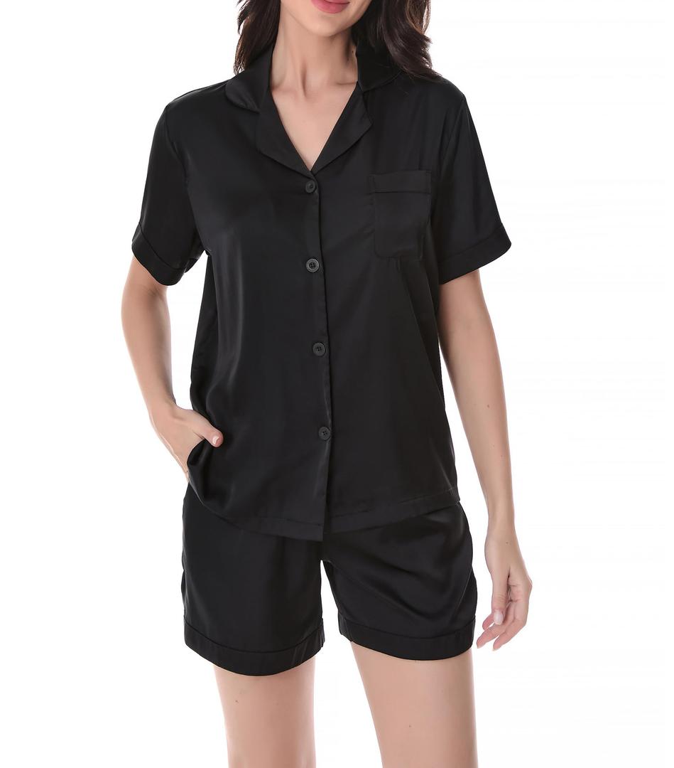 DAVID ARCHY Satin Pajamas for Women 2 Piece Summer Sleepwear Set, Smooth Wrinkle-Resistant Loungewear(S, Black) (Black)