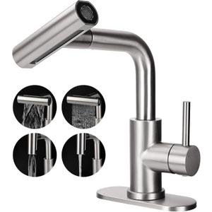 Bathroom Sink Faucet with 4 Mode Pull Down Sprayer, Brushed Nickel Single Handle Pull Out Faucet with Pop-Up Drain, 1 or 3 Hole Laundry Bar Basin Faucet with Deck Plate