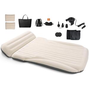 Car Bed with The Most Complete Sleeping Accessories|Leakproof Comfortable Durable Car Mattress|Built-in Pillow with Pump Air Mattress|for SUV Minivan Mpv Road Trip Inflatable Bed (Single-sided Flocking Off-white + Gray)