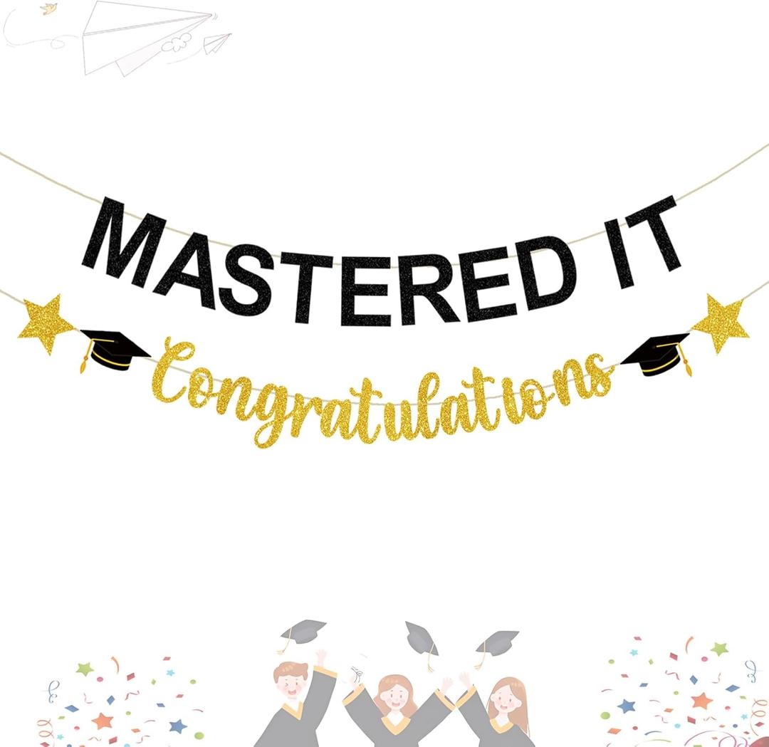7 x Mastered It Graduation Decorations Gold and Black Glittery Congratulation Banner Congrats Grad Decor for Class of 2025 Party