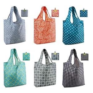 BeeGreen Reusable Grocery Bags Geometry Design - Pack of 6 Foldable Totes for Women with Pouch, X-Large 50lbs Capacity Machine Washable Polyester Sturdy Shopping Bags for Women Travel Shopping