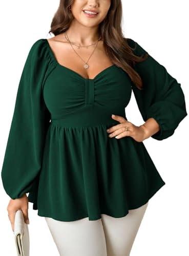 SCOMCHIC Women's Plus Size Blouses Long Sleeve Sweetheart Neckline Babydoll Ruffle Peplum Smocked Cute Casual Fall Tops, 1XL