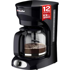 Mueller 12-Cup Drip Coffee Maker - Borosilicate Carafe, Auto-Off, Reusable Filter, Anti-Drip, Keep-Warm Function, Clear Water Level Window Coffee Machine, Kitchen Essentials & Accessories, Black
