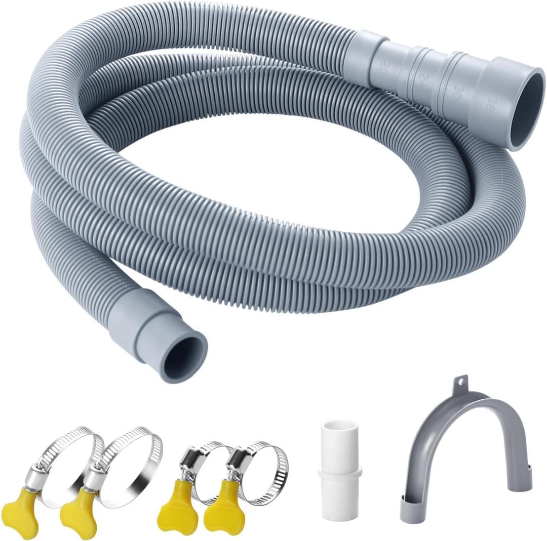 Elyfree Washing Machine Drain Hose, 5 Feet Flexible Washer Drain Hose Extension, Universal Dishwasher Drain Hose Extension Kits Corrugated Washer Hoses W/ 1 Hose 4 Clamps