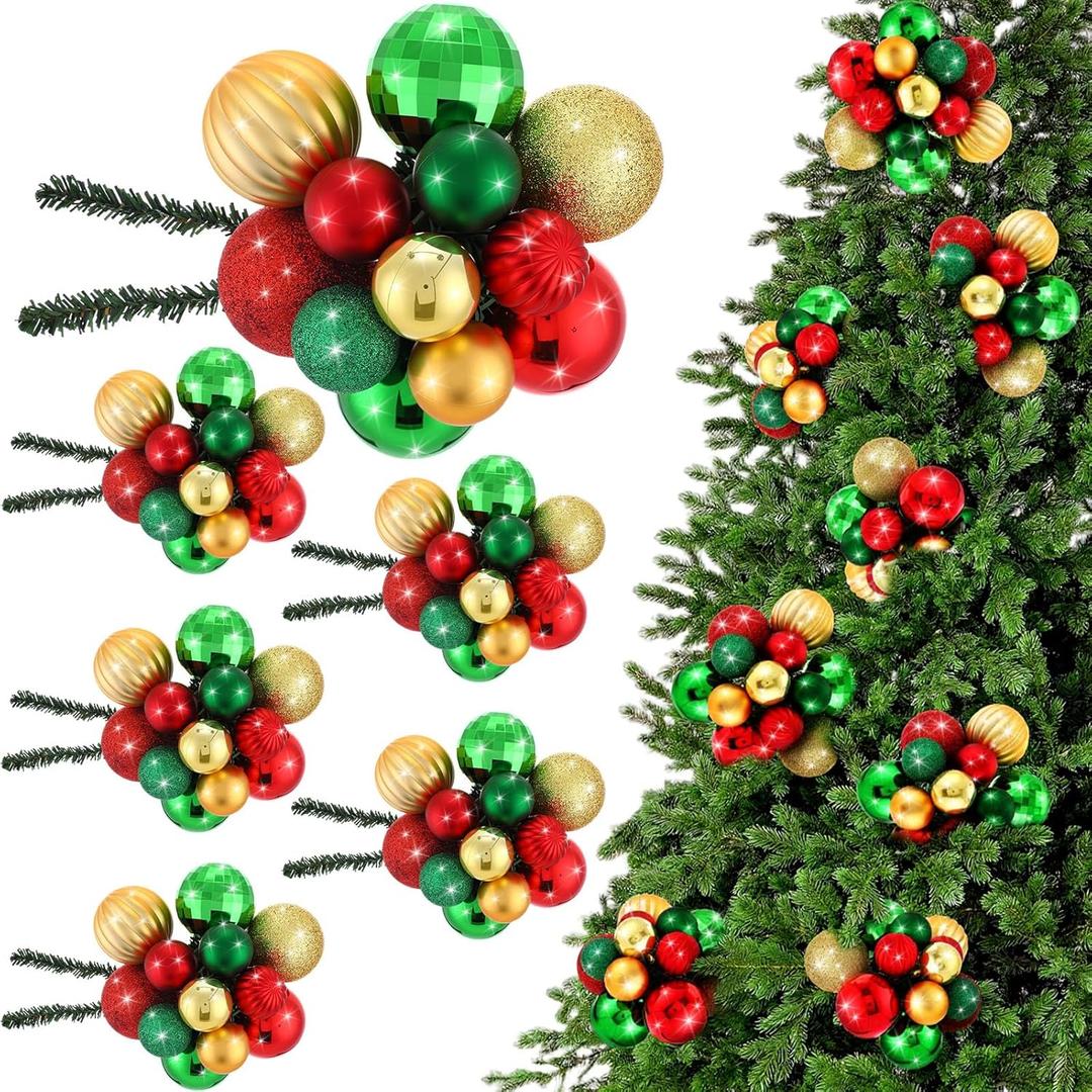6 Set Christmas Ball Ornament Cluster 72 Pcs 2.36" 1.57" Glitter Plastic Shatterproof Xmas Ball Ornament Picks Decorations for Christmas Tree Wreath Garland Stairs Decor(Green,Classic)