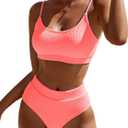 Fanuerg Women's Ribbed High Waisted Bikini Sets Scoop Neck Two Piece Swimsuits Spaghetti Strap Textured Bathing Suit (Pink, S)