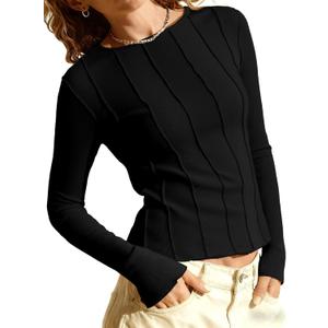 Tankaneo Womens Fitted Long Sleeve Shirts Ribbed Knit Going Out Tops Y2k Trendy Casual Crew Neck Tees Shirts (Pink)