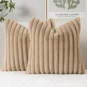 MIULEE Faux Fur Decorative Throw Pillow Covers 20x20 Inch Set of 2, Modern Spring Home Decor Soft Plush Couch Pillows Cozy Fluffy Cushion Covers for Sofa Khaki