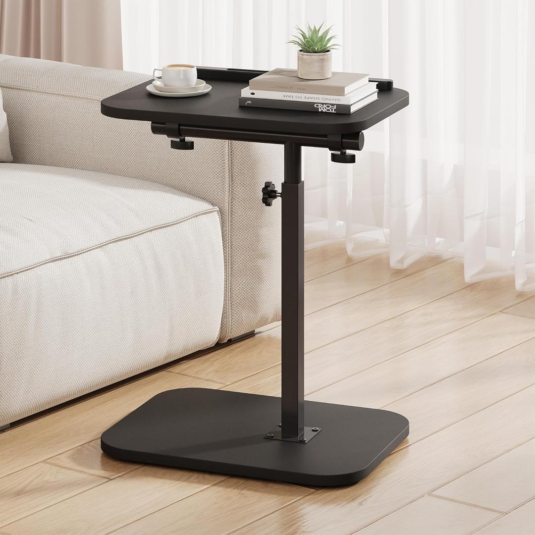 TV Tray Table, Adjustable Height, Flip-Top, Snack Side Table with 360 Swivel and 180 Tilt, C Shaped End Table for Couch, Sofa, Bed, Recliner, Black