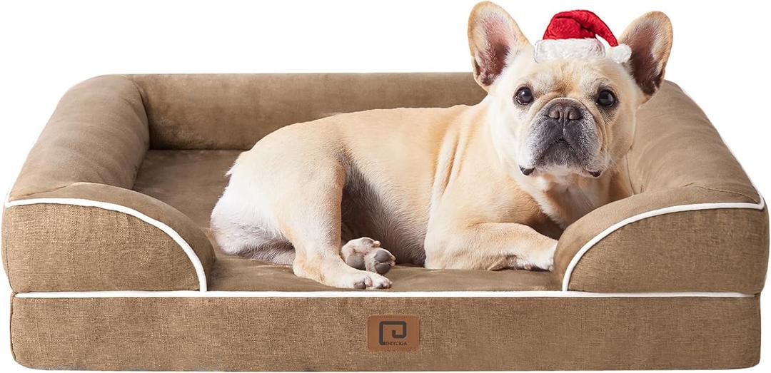 EHEYCIGA Orthopedic Dog Bed for Medium Dogs, Waterproof Memory Foam Medium Dog Beds with Sides, Non-Slip Bottom and Egg-Crate Foam Pet Couch Bed with Washable Removable Cover, Camel (30.0"L x 20.0"W x 6.5"Th)