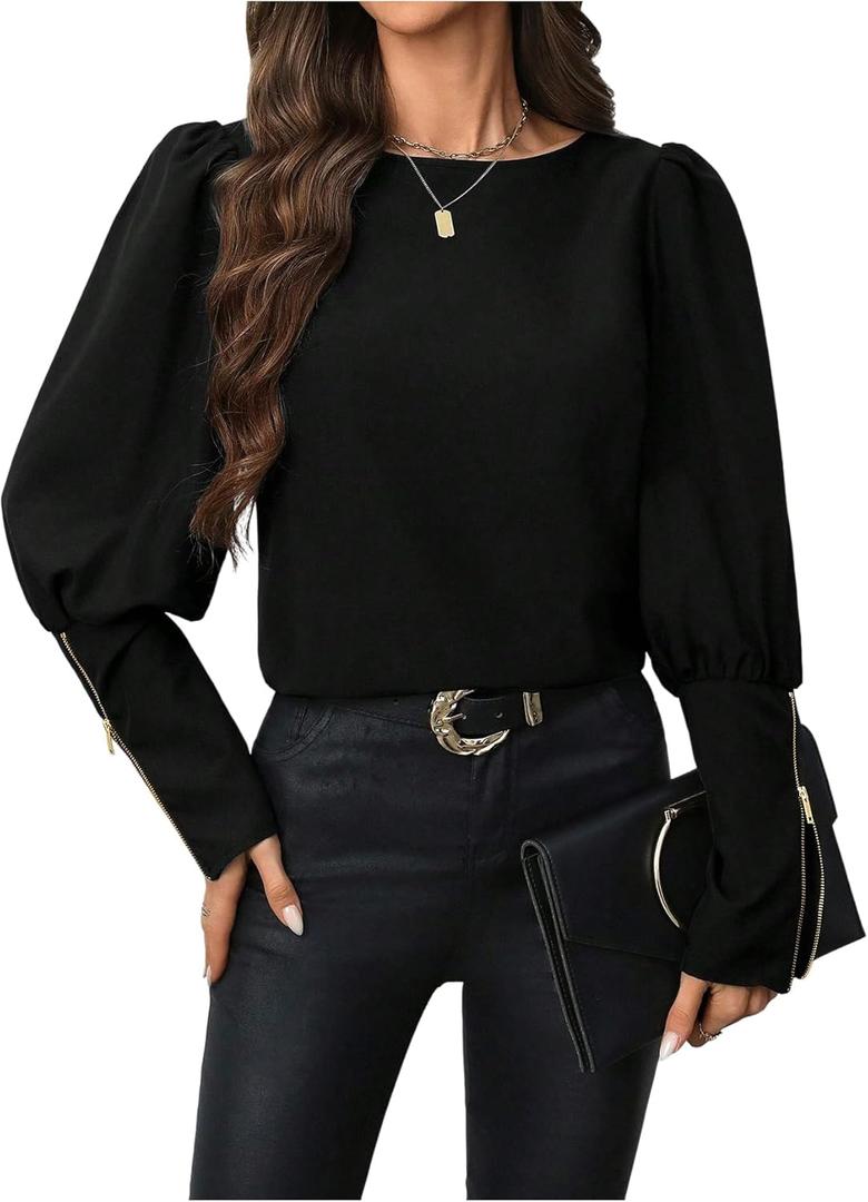 Floerns Women's Puff Sleeve Blouse Tops Crew Neck Zipper Dressy Casual Shirts,S