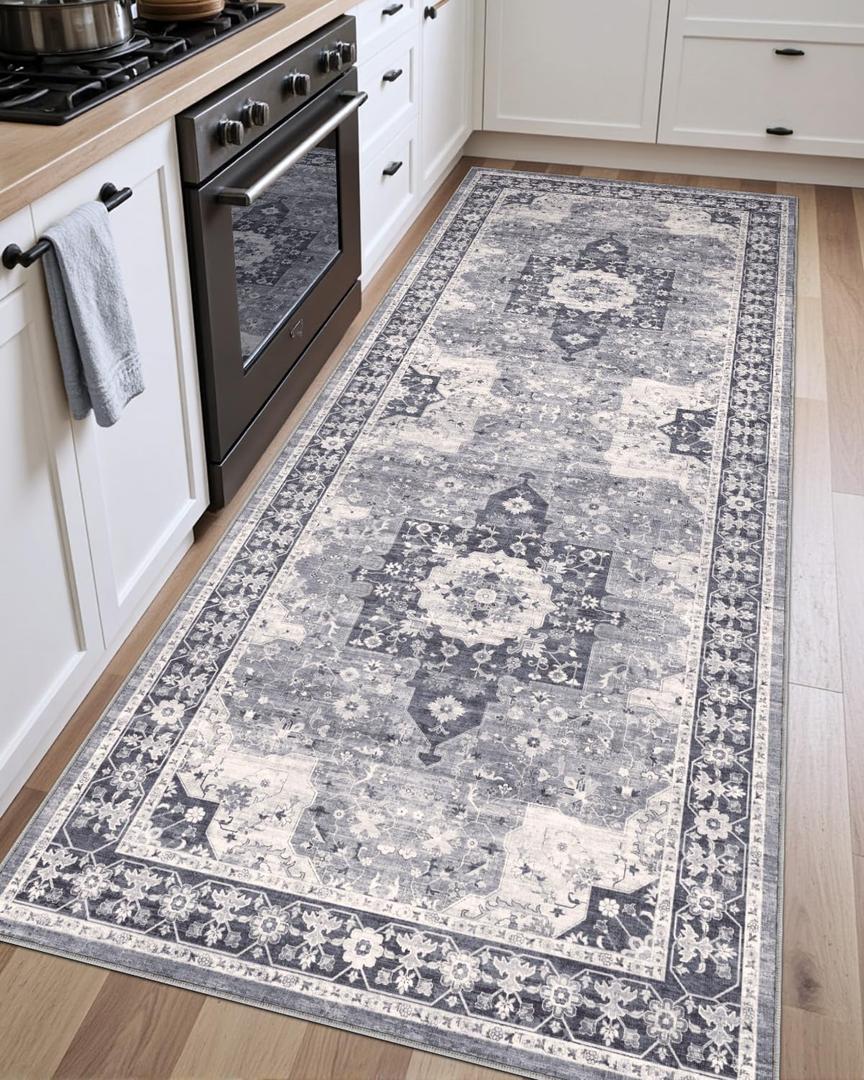 DEXI Kitchen Runner Rug 3x7,Washable Hallway Floor Mat Non Slip Absorbent,Vintage Floral Carpet for Farmhouse Entryway, Laundry Room, Patio Entrance, Blue