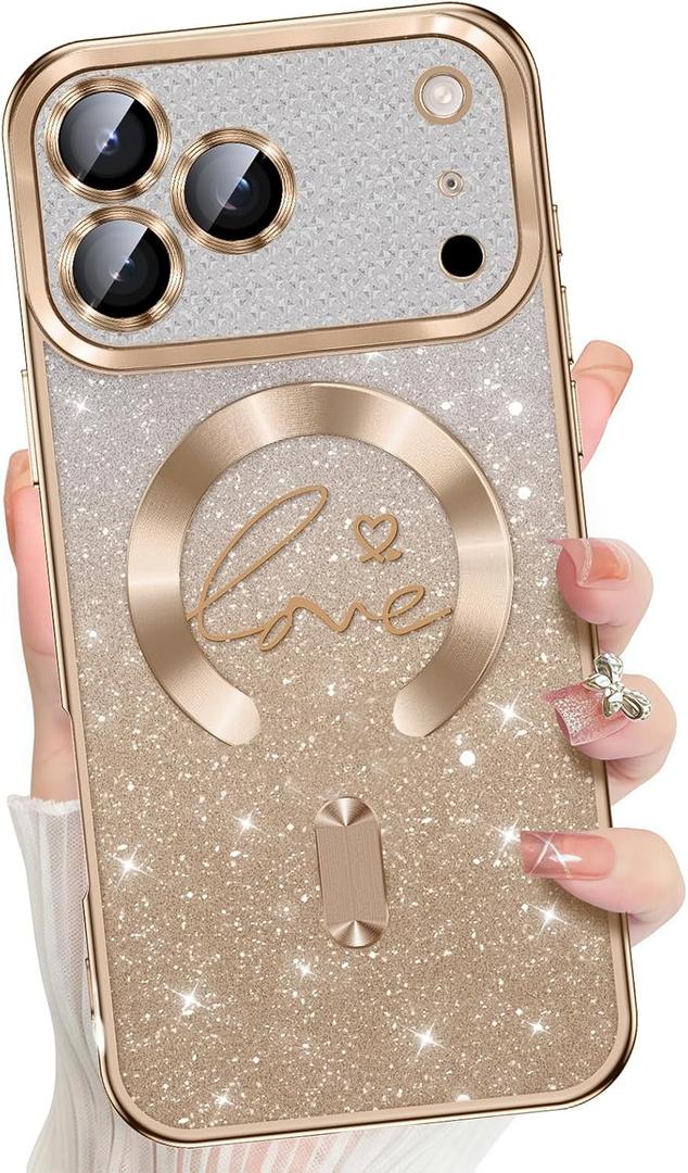 Misscase Magnetic Glitter Case for iPhone 17 Pro Max,Gradient Love Hearts Plating Phone Case Compatible with MagSafe,Built-in Camera Lens Protector,Cute Full Cover Protection Case for Women-Gold