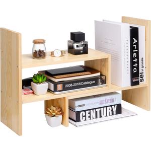 VERGOODR Desktop Organizer Office Storage Rack Adjustable Natural Wood Display Book Shelf Stand Rack Wood Caddy Desk Organizer Set Office Storage Expandable Tabletop