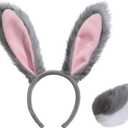 3Pcs Plush Bunny Costume Set  Grey Ears Headband, Faux Fur Tail & Bonus Patch for Adults