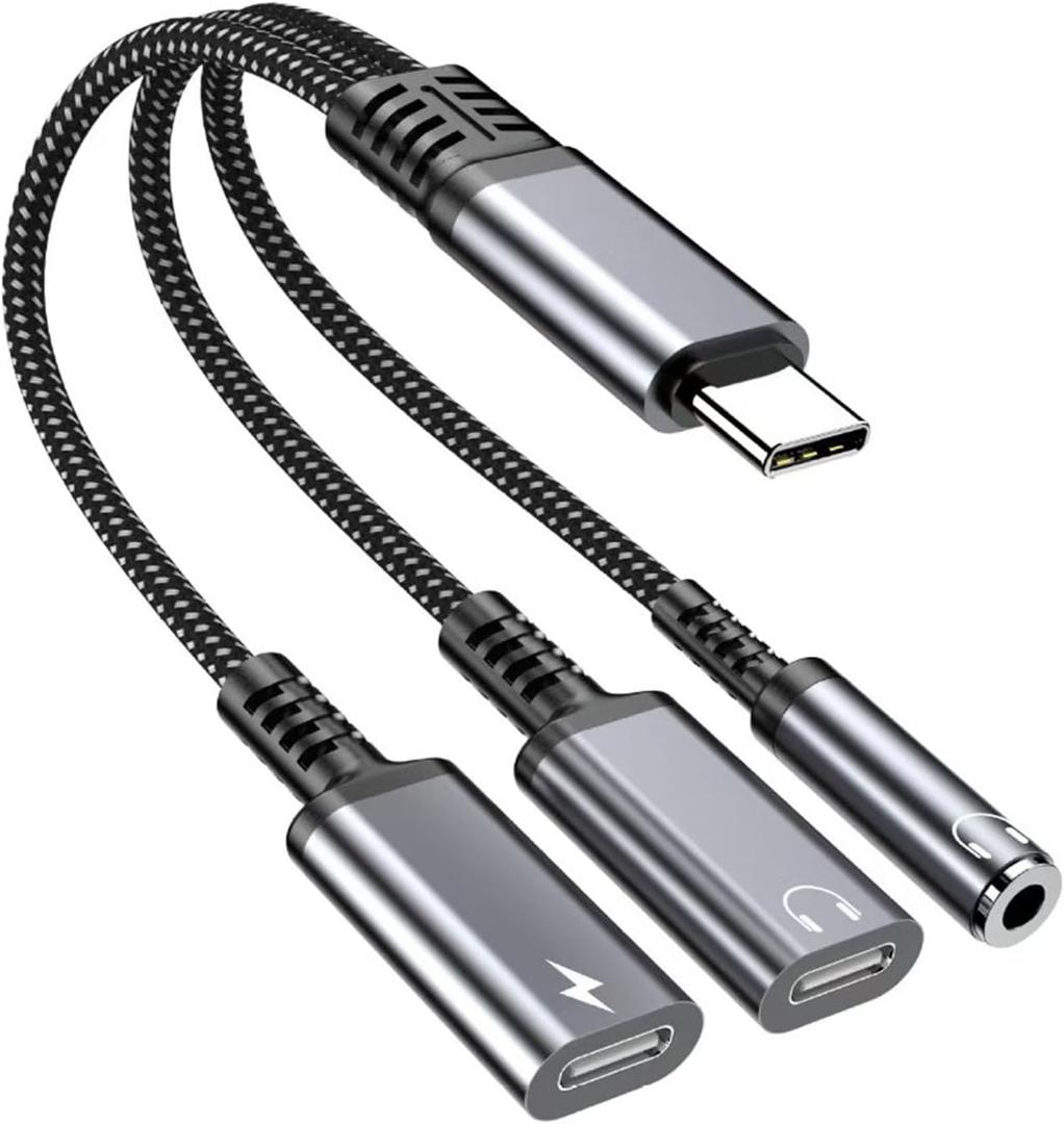USB-C to 3.5mm Headphone and Charger Adapter, 3 in 1 Dual Type C Aux Splitter Charger Headphone Jack Dongle Cord Compatible for iPhone 15/16/17 Pro/Max/Plus, iPad, Samsung Galaxy S23/S24 Ultra (Grey)