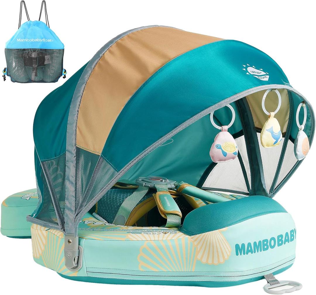 Mambobaby Float Add Tail Baby Swim Float with Canopy Solid Pool Infant Swim Trainer Swimming Training Lying Air Free Water Floats Non-Inflatable Waist Swim Ring for Toddlers (Shell - Green), Medium