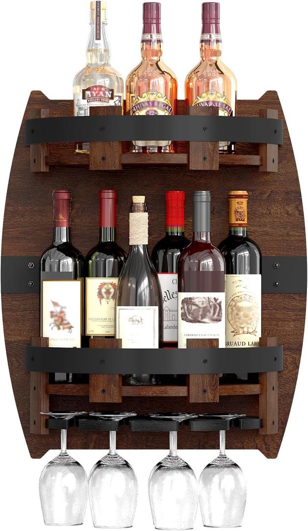 Whiskey Display Shelf,Whiskey Shelf Wall Mounted,Rustic Bourbon Shelf,Space-Saving Whiskey Barrel Decor for Vintage Wine Bar and Home Decor
