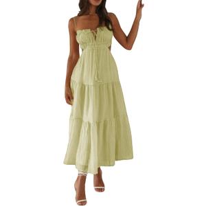 ebossy Women's Cut Out Ruffled Long Boho Dress Sexy Spaghetti Straps Open Back Flowy Sundress (Medium)