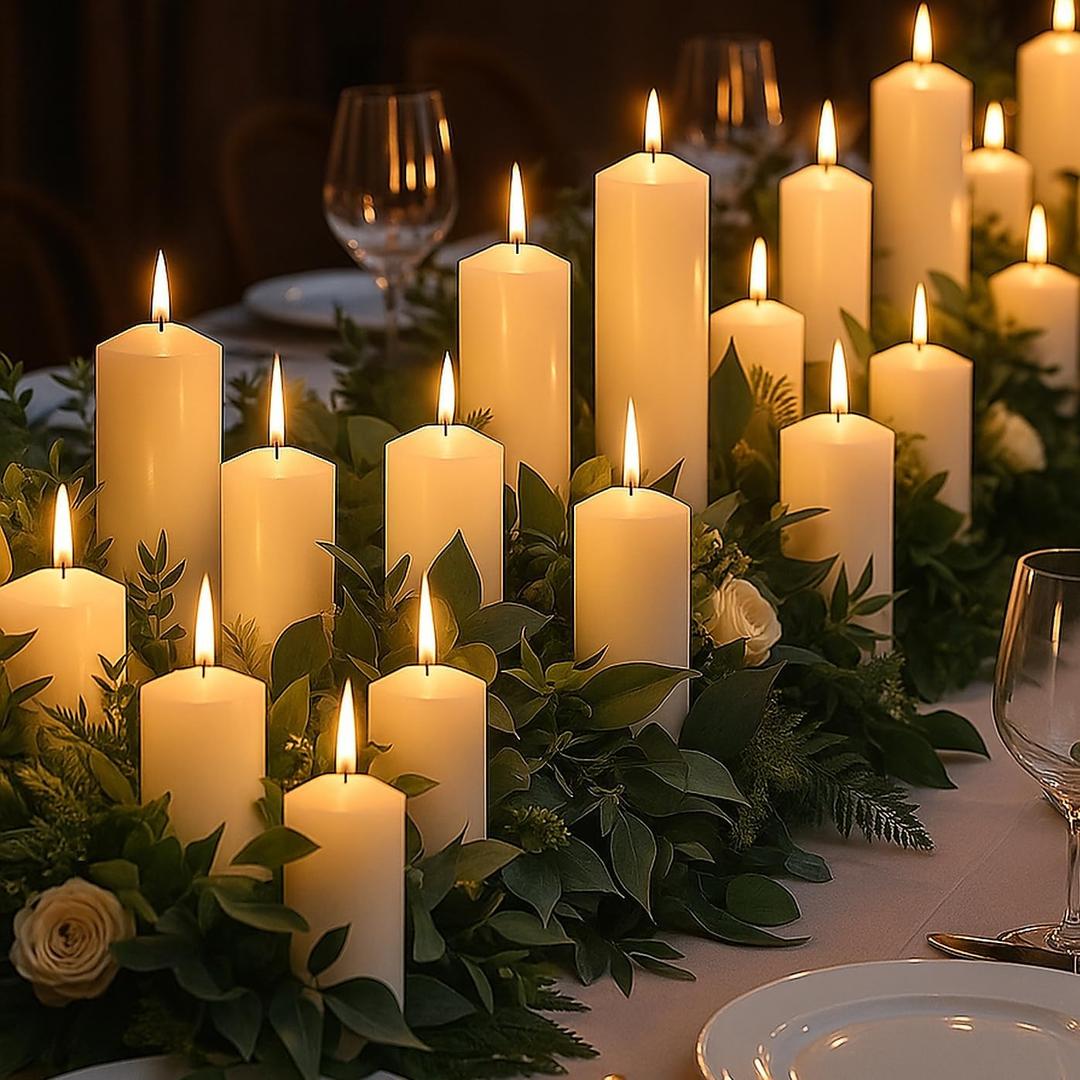 72 Pack Ivory Pillar Candles Bulk Set, 2x3 2x6 2x8 Inch - 24 Each Size, Dripless Smokeless Clean Burning for Wedding Centerpieces, Home Decor, Church, Romantic Ambiance