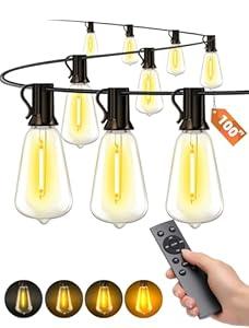 VOZUJI Outdoor Patio String Lights: 100Ft 30M Outside Waterproof Light - Remote Dimmable ST38 Shatterproof Bulb Connectable Hanging Outdoor Electric Lighting - Backyard Yard Gazebo Porch Party