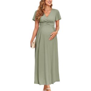 2025 Women's Maternity Maxi Dress Long Sleeve Wrap V Neck Pregnancy Dresses with Pockets Baby Shower Photoshoot Formal (1. Ruffle Sleeve, Sage Green) XL