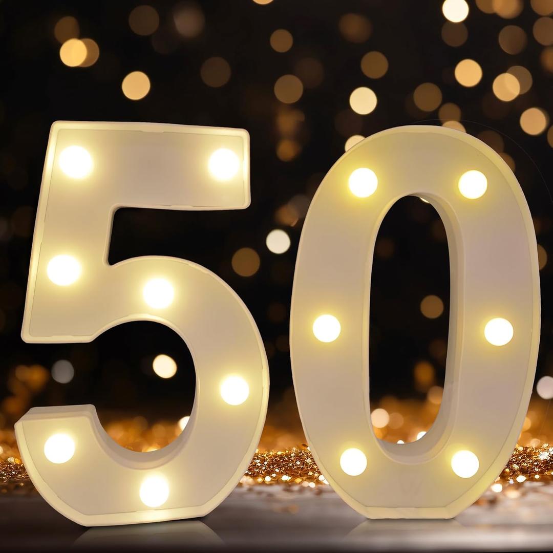 2 x Led Light Up Numbers, 50th Birthday Decorations, Marquee Numbers Lights, Battery Powered Light Up Sign for 50 Decor Party (White)