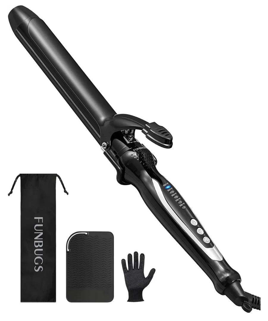 1.25'' Double Ceramic Long Barrel Curling Iron - 8'' Extended Wand | 5 Heat Settings | Dual Voltage | Auto Shut-Off | Anti-Slip Styling for Long Hair (Bag, Mat, Glove)