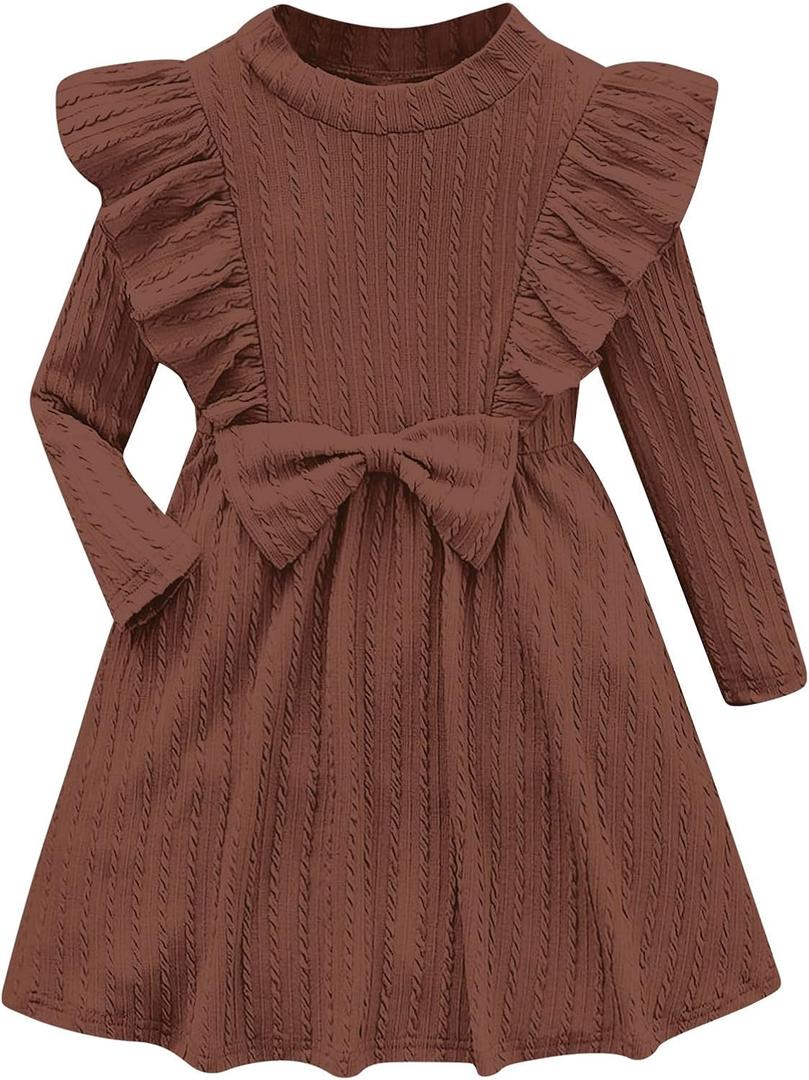 Girls Long Sleeve Ruffle Dresses Solid Ribbed Knit Fall Winter Dress for Toddler Casual Bowknot Dresses 2-6 Years (3-4T, Brown)