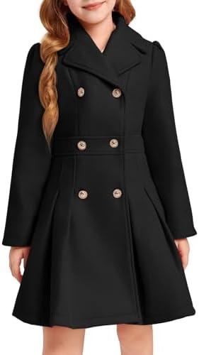 Haloumoning Girls Winter Dress Coat Button Peacoat Notch Lapel Double Breasted Outerwear with Pockets 140