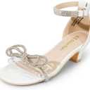 DREAM PAIRS Girls Sandals Ankle Strap Square Toe Low Heel Bow Flower Dress Shoes (4 Big Kid, White)