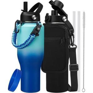 40 oz Insulated Water Bottle Fit in Car Cup Holder - Metal Water Bottle with Straw, Auto Spout Lid, Leakproof T-shape Stainless Steel Tumbler with Lid & Straw, Storage Carrier Bag, Silicone Boot