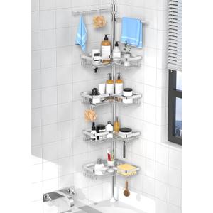 KEGII Shower Caddy Tension Pole with 2 Towel Bars, Adjustable Corner Bathroom Organizer, Rustproof Bathtub Storage Shelves for Shampoo, 25114.2 Inch Shower Rack for Renters & Family, Silver