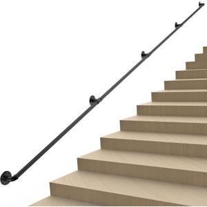 FlySkip Handrails for Indoor Stairs 10ft 3 Sections Galvanized Steel Pipe Stair Railing Non-Slip Wall Mount Hand Rail for Outdoor Indoor Stairs Porch Deck (10FT)