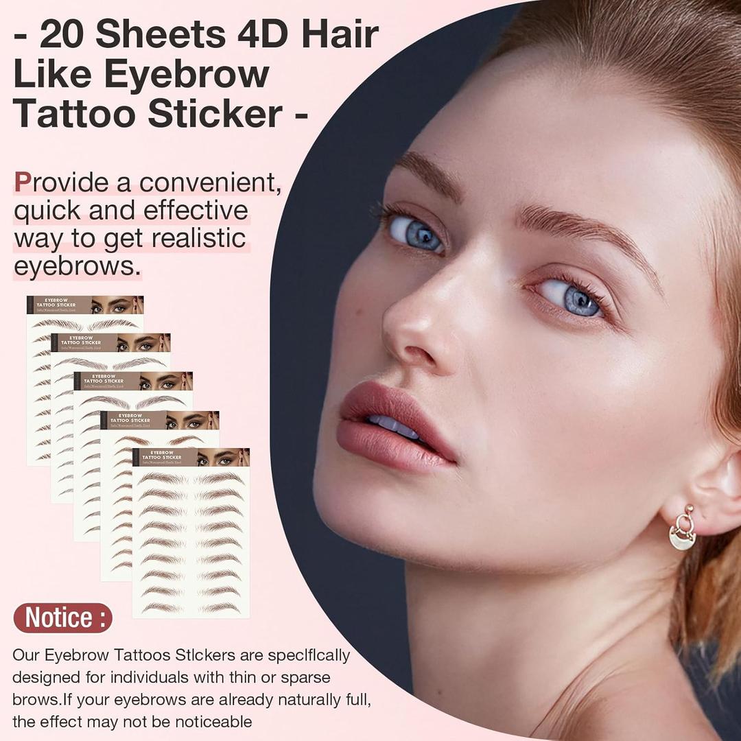 20 Sheets Eyebrow Tattoo Waterproof Eyebrow Sticker, 4D Hair Like Natural Fake Tattoo Eyebrows Peel Off Instant Transfers Brows Shaper Eyebrow Makeup Sticker for Women Girls, Variety Brown