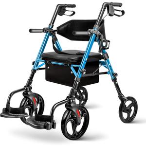 Foldable 2-in-1 Rollator Walker for Seniors with Seat, Lightweight Transport Wheelchair Combo 300 lbs Capacity, All-Terrain Tires, Anti-Tip Brakes, Adjustable Height 33.5"-40" (13 - Sky Blue (10" Front and 8" Rear Wheel))