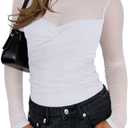 Amazon.com: REORIA Women's Fall Sexy Round Neck Front Twist Knot Long Sleeve Sheer Mesh Slimming Ruched Trendy Going Out Bodysuit Tops For Night Out White Medium : Clothing, Shoes & Jewelry Medium