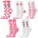 AcottonGifty Fun Socks for Women, Pink Socks Girls, White Crew Socks, Novelty & Cute Socks for Teens, 5 Pairs, Size 5-10