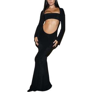 Womens Sexy Long Sleeve Backless Square Neck Cutout Maxi Going Out Dress, Size Large
