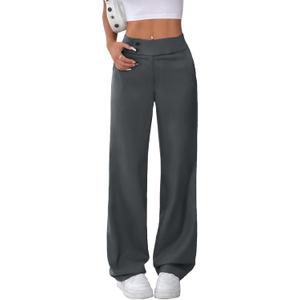 EVALESS Women's Elastic High Waist Straight Leg Pants Business Casual Work Pants Fall Button Down Office Outfits Trousers (Gray, M)