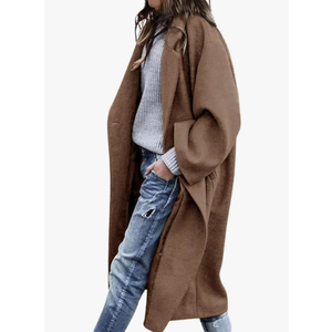 Women's Winter Pea Coat Notch Lapel Single Breasted Oversized Long Casual Wool Blend Overcoat, L