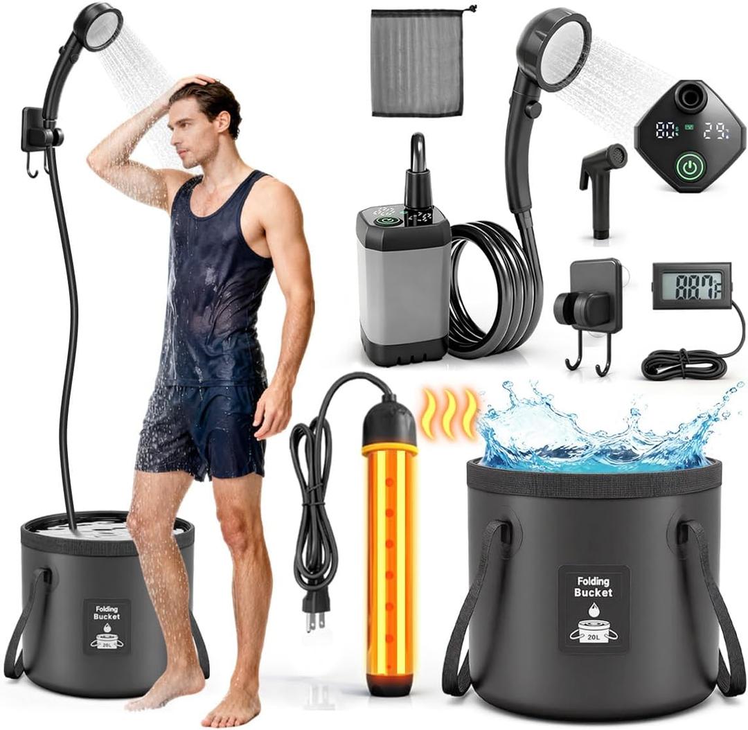 Portable Shower with Heater 6000mAh Rechargeable Camping Shower with LED Display, 3 Spray Modes, IPX7 Waterproof Shower Pump Foldable Bucket Outdoor Showering for Hiking RV Car Travel Pet