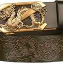 Slide Ratchet Belts Gold Dragon Embossed Automatic Sliding Buckle Adjustable Leather Waist Strap Fashion Belt