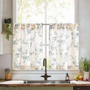 jinchan Floral Kitchen Curtains 26x30 Inch Linen Tier Curtains Farmhouse Cafe Half Window Drapes Over Sink Light Filtering Blue on Beige for Living Room Laundry RV Rod Pocket 2 Panels