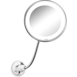 10x Magnifying Mirror with Light, Flexible Gooseneck Make up Mirror with Lights and Magnification, Battery Operated Cordless with Suction Cups for Wall Bathroom
