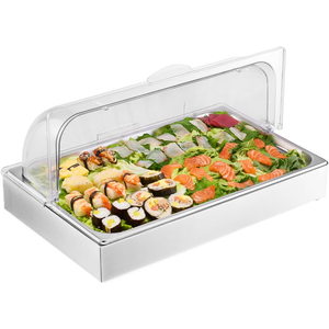 VEVOR Countertop Food Serving Display Container, 1 x 1 Pan Stainless Steel Food Serving Tray, Buffet Condiment Dispenser Display Rack with Clear Lid & 3 Ice Trays, for Restaurant Hotel Kitchen Party