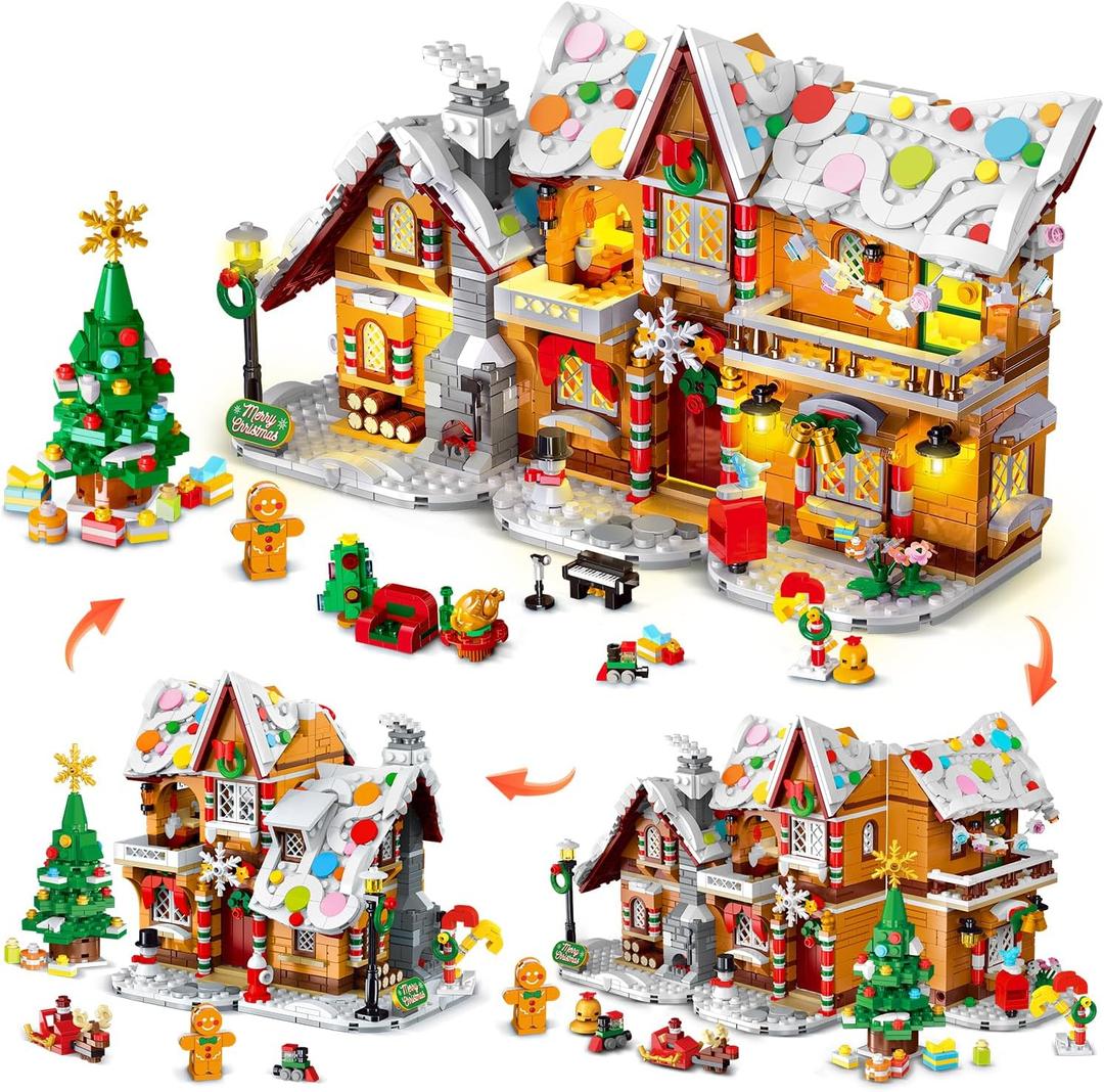 HOGOKIDS 3 Style Christmas 2025 Gingerbread House Building Set with Light - 1477PCS Christmas Holiday Snow Village Building Block Toy with Xmas Tree Train Gifts for Adults Kids Girls Boys Ages 6+