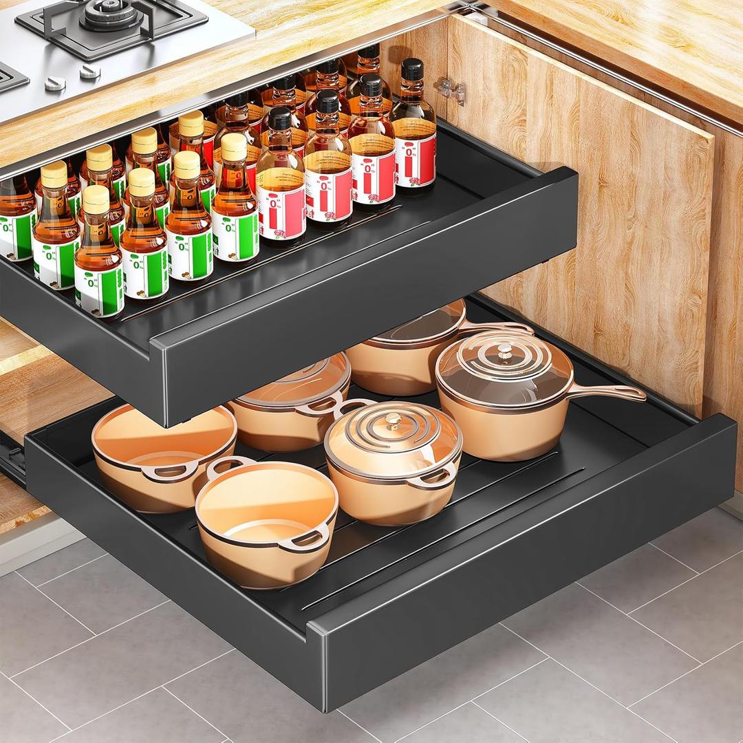 Pull Out Cabinet Organizer with Nano Adhesive, Heavy Duty Full-Extension Slide-Out Drawer for Kitchen Cabinet Organizers and Storage, No Drill Roll out Pantry Shelf, 22.4"W x 16.9"D x 3.1"H , Black