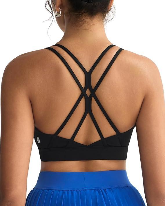 RUNNING GIRL Strappy Sports Bra for Women Sexy Crisscross Back Light Support Yoga Bra with Removable Cups (Black, M)