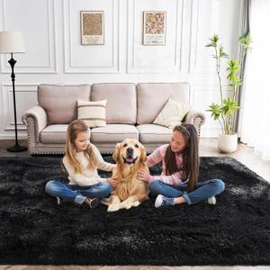Fluffy Rug for Living Room 8x10 Feet, Black Area Rugs for Bedroom Non Slip 8x10 Clearance Rug for Kids Playroom
